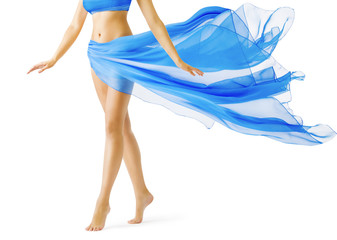 Woman Legs, Girl in Blue Waving Dress, Leg Tiptoe on White