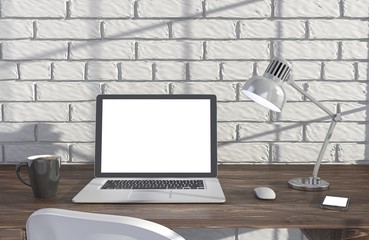 Fototapeta na wymiar 3D illustration laptop and work stuff on table near brick wall