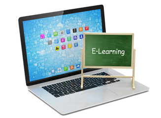  Laptop with chalkboard, e-learning, online education concept