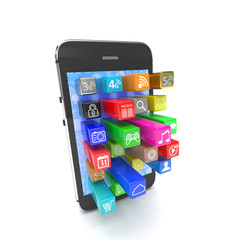 application software icons extruding from smartphone, isolated