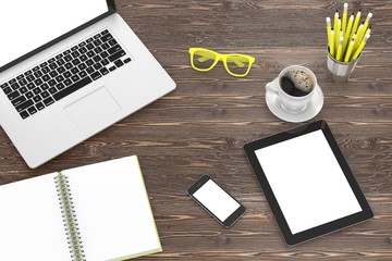 laptop and office stuff, workplace, top view