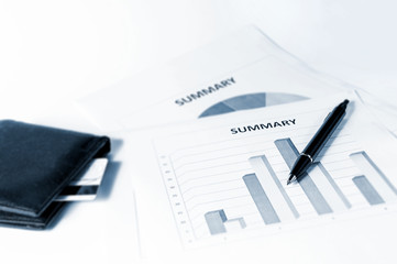 Financial Graphics, Pen And Wallet. Blue Tint