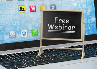 Laptop with chalkboard, free webinar, online education concept