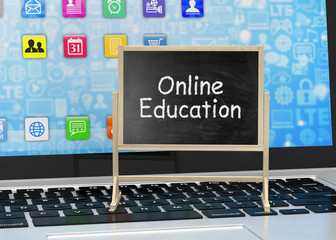  Laptop with chalkboard, online education concept