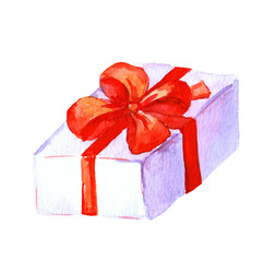 Present, white gift box with red bow. Watercolor