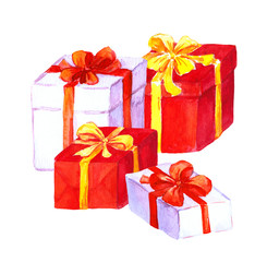 New year and christmas gifts. Red and white boxes with bows