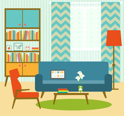flat retro living room with sofa, chair and bookcase. vector illustration