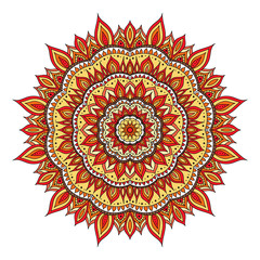 Hand drawn diwali mandala. Doodle mandala with fire ornament. Red, orange, yellow colors. Vector diwali mandala.