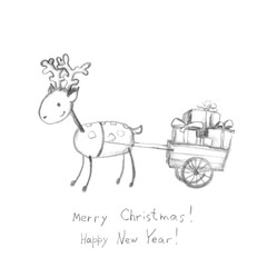 New year vintage postcard: deer and sleigh with present boxes