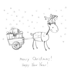 Deer and sledge with presents - greeting card, pencil