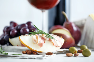 Still life with various types of Italian food and wine