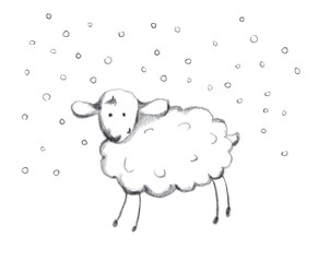 Pencil painted new year sheep in snow. Hand drawn sketch 