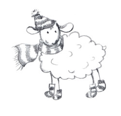 Pencil painted xmas sheep. Hand drawn picture