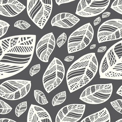 Monochrome black and white seamless leaf pattern background