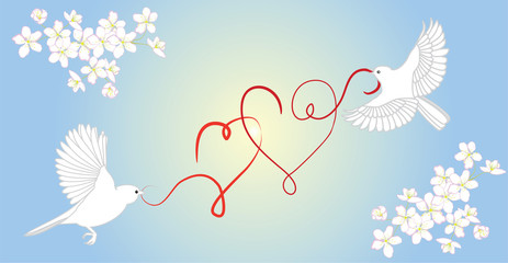Two birds fly and carry in its beak decorative hearts
