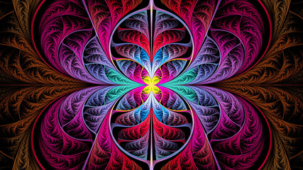 Extraordinarily beautiful colorful stained glass. Leaves are fabulous plants. Abstract. Fractal Wallpaper on your desktop. Widescreen. Digital artwork for creative graphic design. Dark background.