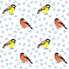 Seasonal seamless texture with birds in snow