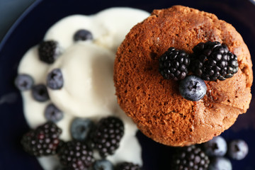 Cake with berries closeup top view