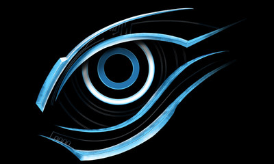 Blue bionic eye tattoo design with black background