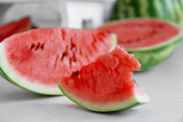 Sliced watermelons on table