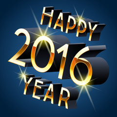 Happy new year greeting card with 3D rotated dark blue and gold letters