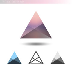 Triangle vector collection isolated on white. Geometric triangle set with gradient, blue color palette, outline and gray scale.