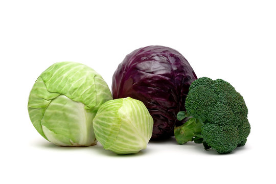 various types of cabbage isolated on a white background