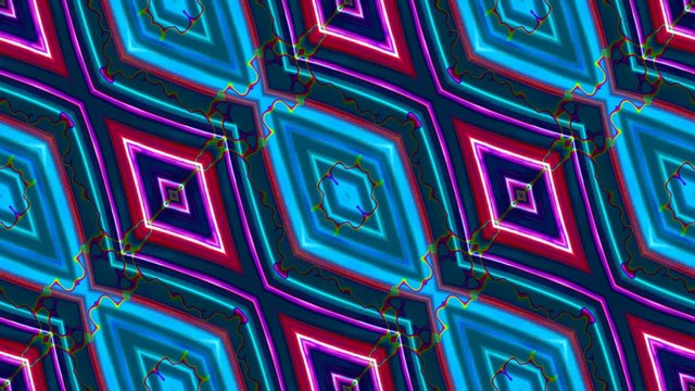 Seamless kaleidoscopic blue-violet retro pattern with electric rainbow glare. Loop full HD video.