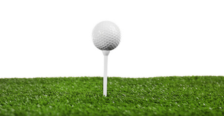 Golf ball on grass isolated on white