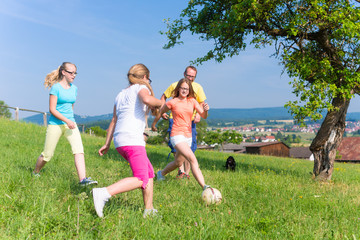Obraz premium Family playing soccer on meadow in summer