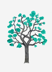 A tree, drawn with a pencil and paints