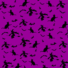 Seamless pattern on purple background, with black cats, witches and bats. Halloween theme. Vector illustration