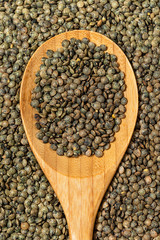 French green baby lentils with a wooden spoon