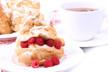 eclair with vanilla cream and raspberry cake Breakfast
