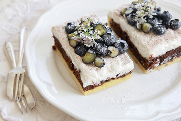 Classic Chester Cake slices with blueberries and Cilantro flower