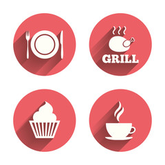 Food icons. Muffin cupcake symbol. Fork, knife.