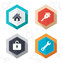 Home key icon. Wrench service tool symbol.