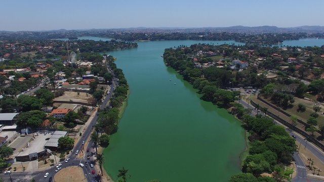 Aerial View of Lagoa da Pampulha and Minerao Stadium, in the city of Belo Horizonte, capital of Minas Gerais, Brazil