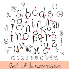 Black heart alphabet lowercase letters.Hand drawn written with a