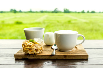 A cappuccino and some biscuits on the table and background lands