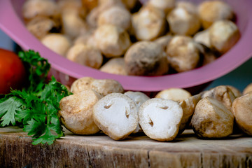 mushrooms on wooden cutting board