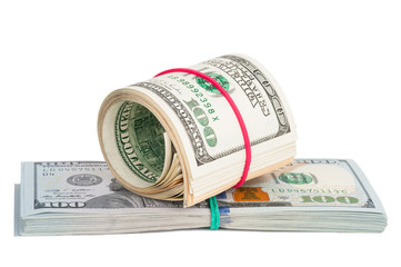 Hundred dollar bills rolled up with rubberband