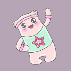 Vector kawaii bear doing sport exercises. Hand drawn doodle bear.