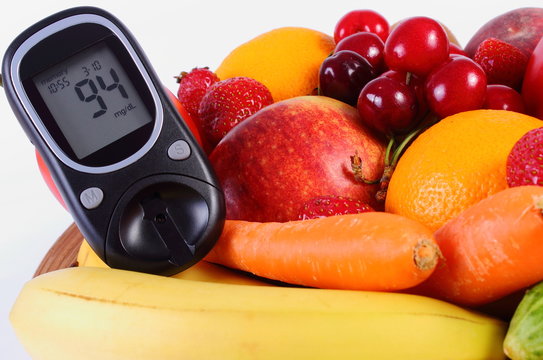 Glucometer with fruits and vegetables, healthy nutrition, diabetes