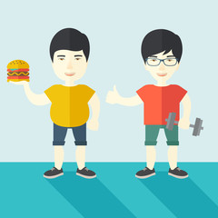 Men standing with hamburger and dumbbell.