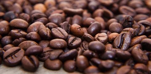 Roasted coffee beans on wooden background