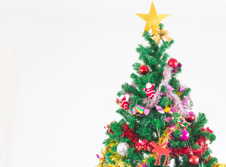 Christmas tree with colorful ornaments, on white background