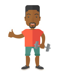 Men standing with dumbbell.