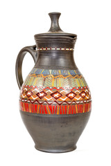 Antique vintage Slavic earthenware jug, timetable national ornam