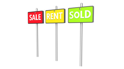 sign boards of sale rent sold in three different colours on white background